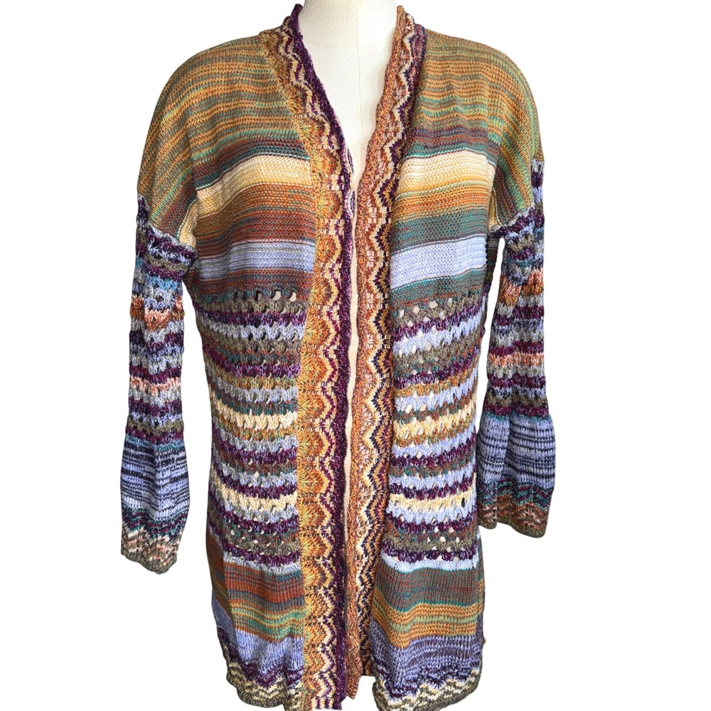 Soft Surroundings Boho Striped Open Front Knit Cardigan Duster Sz M Rainbow